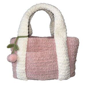 Handmade Large Pink & White Crochet Shoulder Bag 14in *Charm Add On